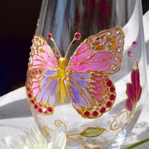 Hand Painted Butterfly Stemless Wine Glass With Crystal Embellishments